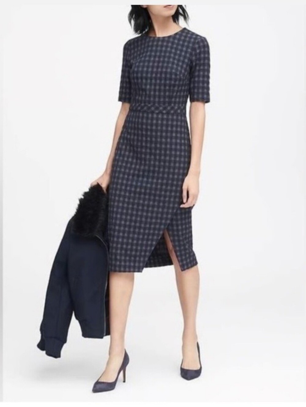 Banana Republic Blue Gray Plaid Tweed Sheath Slit Short Sleeve Midi Dress Sz 8